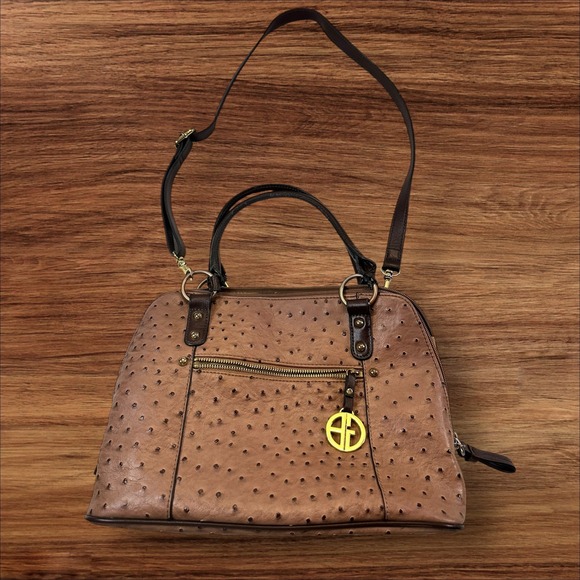 Giani Bernini Satchel Faux Ostrich Brown Gold Accent Crossbody Bag - Picture 1 of 8